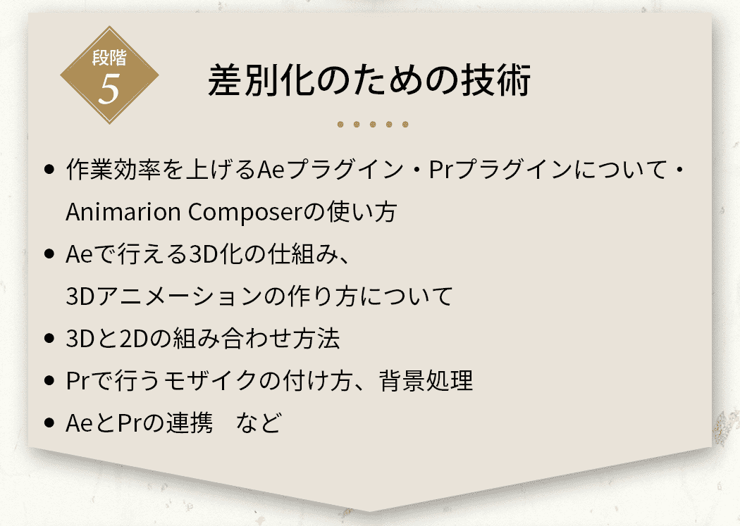 差別化のための技術 作業効率を上げるAeプラグイン・Prプラグインについて・Animarion Composerの使い方/Aeで行える3D化の仕組み・3Dアニメーションの作り方について/3Dと2Dの組み合わせ方法/Prで行うモザイクの付け方、背景処理/AeとPrの連携 など