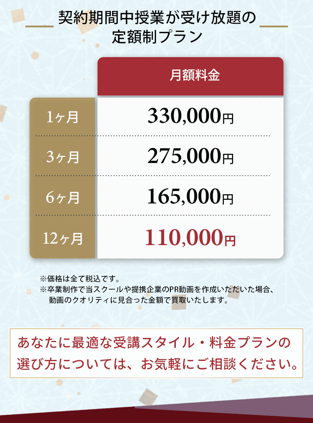 契約期間中授業が受け放題の定額制プラン あなたに最適な受講スタイル・料金プランの選び方については、お気軽にご相談ください
